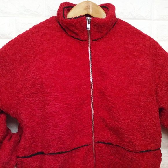 Y2K Cropped Bomber Jacket Pockets Faux-Fur Red - Picture 5 of 13